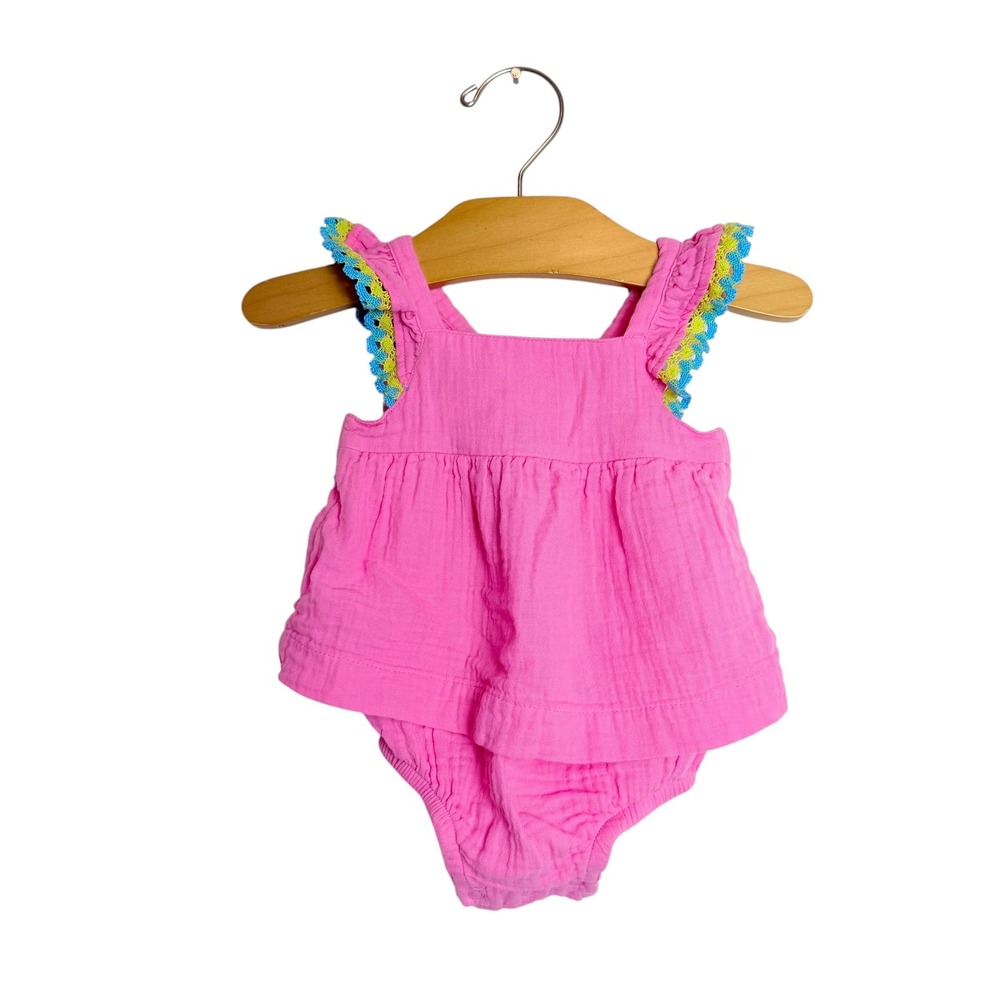 Cat & Jack Baby Girl Pink Cotton Gauze Romper Crochet Trim Sunsuit 0-3M